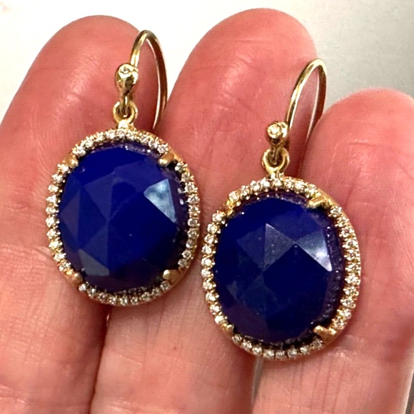 Designer IRENE NEUWIRTH 18K Yellow Gold Oval Lapis Lazuli Diamond Drop Earrings - Picture 13 of 15